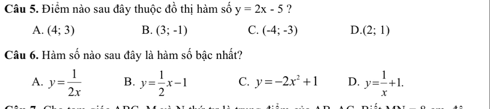 Điểm nào sau đây thuộc đồ thị hàm số y=2x-5 ?
A. (4;3) B. (3;-1) C. (-4;-3) D. (2;1)
Câu 6. Hàm ; ố nào sau đây là hàm số bậc nhất?
_ 
A. y= 1/2x  B. y= 1/2 x-1 C. y=-2x^2+1 D. y= 1/x +1.