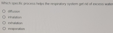 Which specific process helps the respiratory system get rid of excess water
diffusion
inhalation
exhalation
evaporation