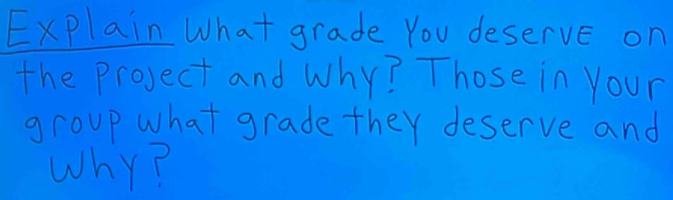 Explain What grade You deserve on 
the Project and Why? Those in your 
group what grade they deserve and 
why?