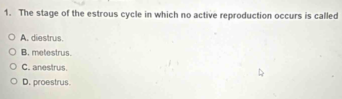 The stage of the estrous cycle in which no active reproduction occurs is called
A. diestrus.
B. metestrus.
C. anestrus.
D. proestrus.