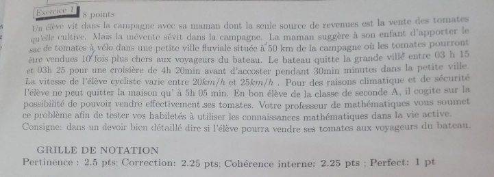 Un élève vit dans la campagne avec sa maman dont la seule source de revenues est la vente des tomates 
qu'elle cultive. Mais la mévente sévit dans la campagne. La maman suggère à son enfant d'apporter le 
sac de tomates à vélo dans une petite ville fluviale située à 50 km de la campagne où les tomates pourront 
être vendues 10 fois plus chers aux voyageurs du bateau. Le bateau quitte la grande ville entre 03 h 15
et 03h 25 pour une croisière de 4h 20min avant d'accoster pendant 30min minutes dans la petite ville 
La vitesse de l'élève cycliste varie entre 20km/h et 25km/h´. Pour des raisons climatique et de sécurité 
l'élève ne peut quitter la maison qu' à 5h 05 min. En bon élève de la classe de seconde A, il cogite sur la 
possibilité de pouvoir vendre effectivement ses tomates. Votre professeur de mathématiques vous soumet 
ce problème afin de tester vos habiletés à utiliser les connaissances mathématiques dans la vie active. 
Consigne: dans un devoir bien détaillé dire si l'élève pourra vendre ses tomates aux voyageurs du bateau. 
GRILLE DE NOTATION 
Pertinence : 2.5 pts; Correction: 2.25 pts; Cohérence interne: 2.25 pts; Perfect: 1 pt