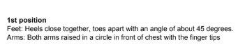 1st position 
Feet: Heels close together, toes apart with an angle of about 45 degrees. 
Arms: Both arms raised in a circle in front of chest with the finger tips