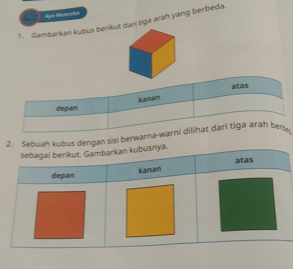 Ayo Mencoba 
1. Gambarkan kubus berikut dari tiga arah yang berbeda. 
dengan sisi berwa