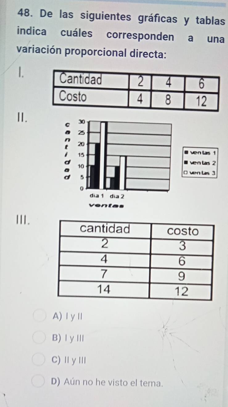 De las siguientes gráficas y tablas
indica cuáles corresponden a una
variación proporcional directa:
1.
II.
III.
A)ⅠyⅡ
B)ⅠyⅢ
C)ⅡyⅢ
D) Aún no he visto el tema.