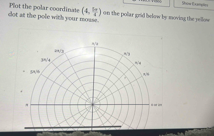 Vídeo Show Examples 
Plot the polar coordinate (4, 5π /4 ) on the polar grid below by moving the yellow 
dot at the pole with your mouse.