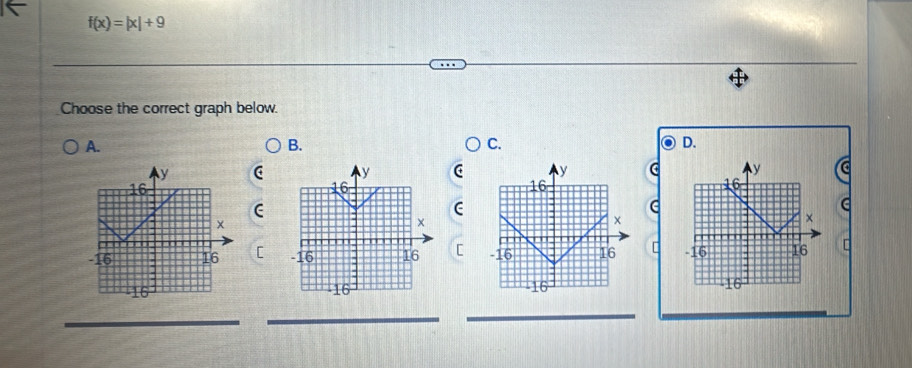 f(x)=|x|+9
Choose the correct graph below. 
A. 
B. 
C. 
D. 
C( a 
C 
[ [ [ [