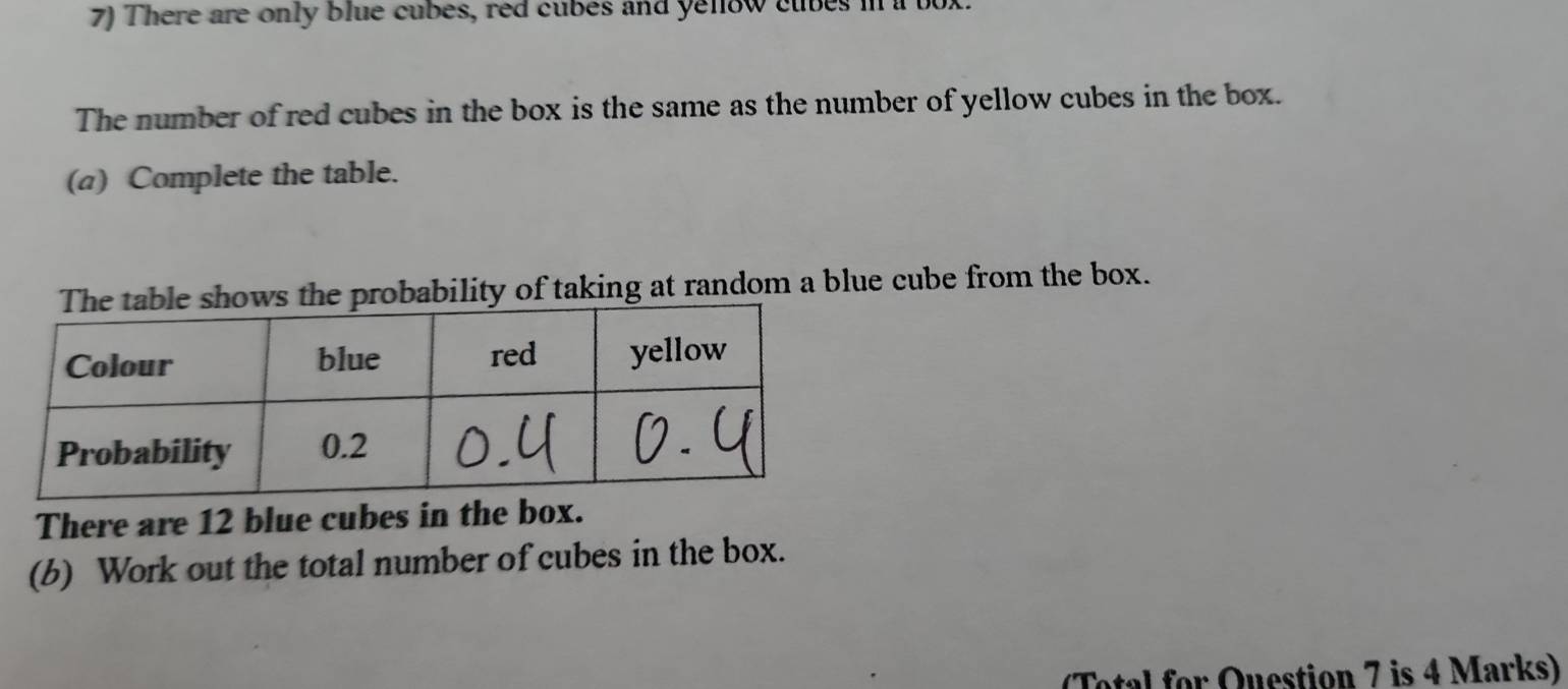 There are only blue cubes, red cubes and yenow cubes in a box 
The number of red cubes in the box is the same as the number of yellow cubes in the box. 
(a) Complete the table. 
ability of taking at random a blue cube from the box. 
There are 12 blue cubes in the box. 
(b) Work out the total number of cubes in the box. 
(Total for Question 7 is 4 Marks)