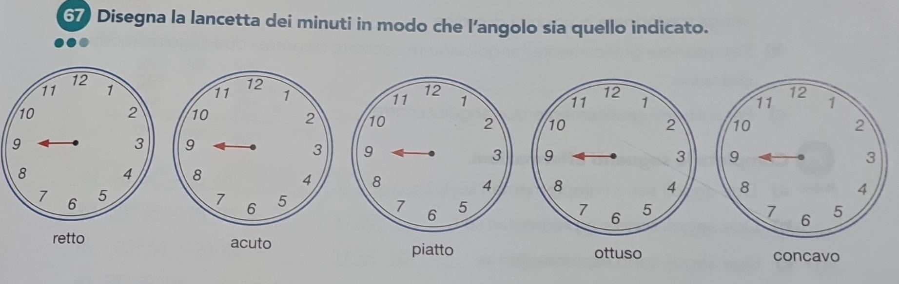 Disegna la lancetta dei minuti in modo che l’angolo sia quello indicato. 
concavo