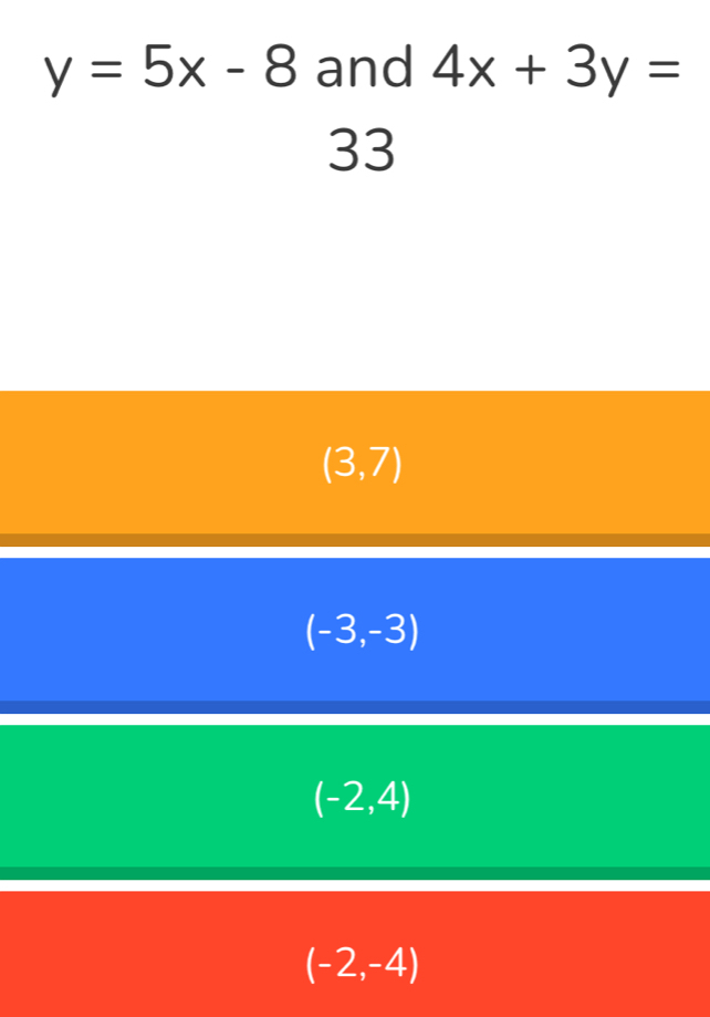 y=5x-8 and 4x+3y=
33
(3,7)
(-3,-3)
(-2,4)
(-2,-4)