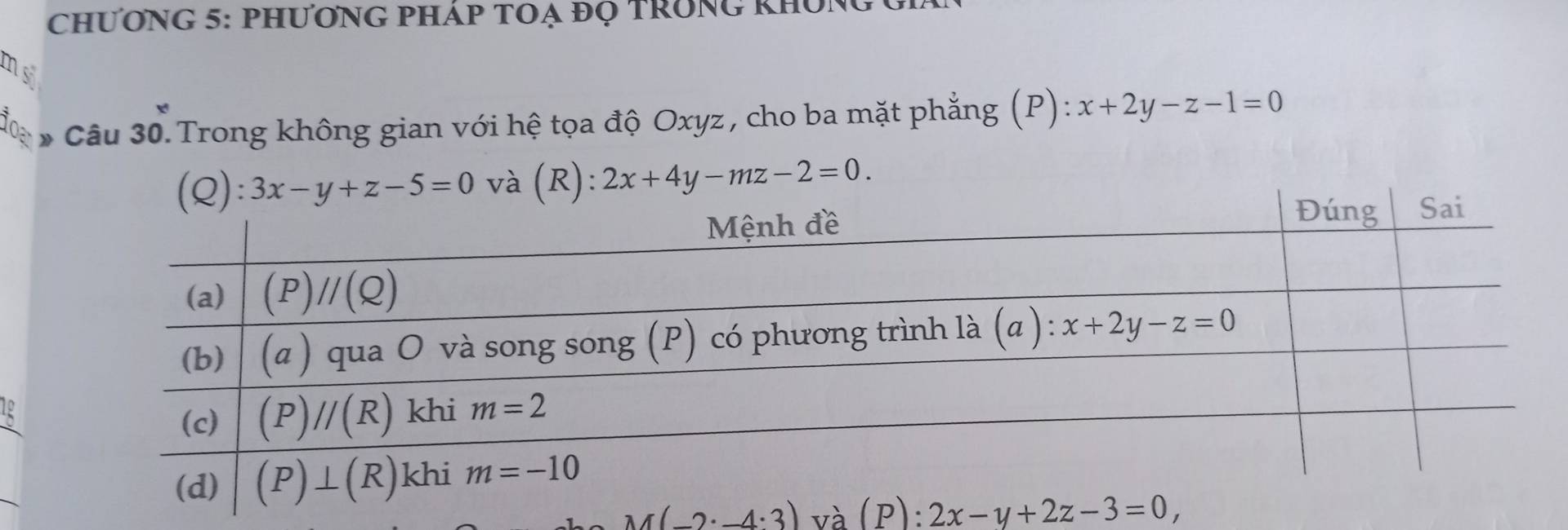 CHƯơNG 5: phƯơNG PHáp tOẠ đọ tRong khủ,
ms
foar 》  Câu 30. Trong không gian với hệ tọa độ Oxyz , cho ba mặt phẳng (P): x+2y-z-1=0
2x+4y-mz-2=0.
M(-2· -4:3) và