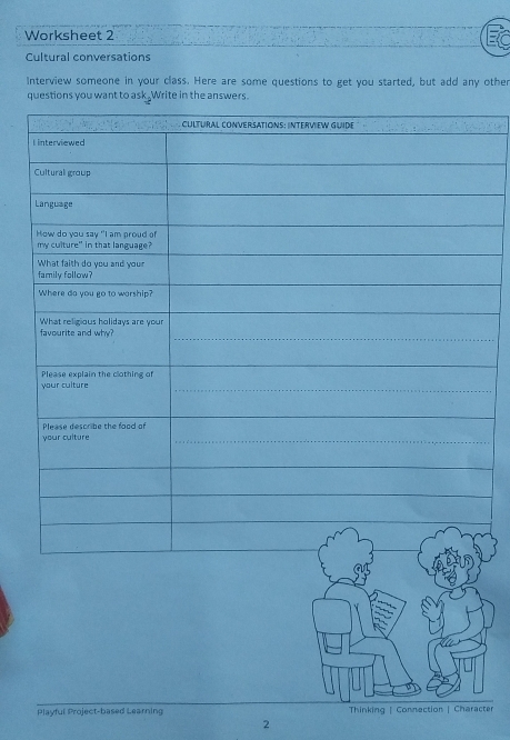 Worksheet 2 
Cultural conversations 
Interview someone in your class. Here are some questions to get you started, but add any other 
questions you want to ask_Write in the answers. 
_ 
Playful Project-based Learning Thinking | Connection | Characte 
2