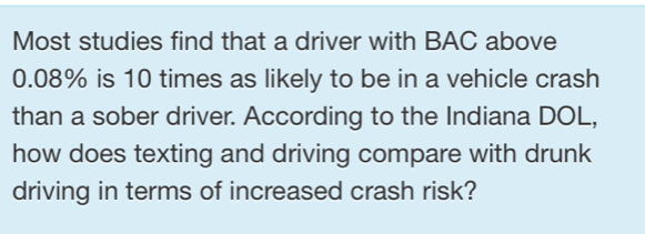 Most studies find that a driver with BAC above
0.08% is 10 times as likely to be in a vehicle crash 
than a sober driver. According to the Indiana DOL, 
how does texting and driving compare with drunk 
driving in terms of increased crash risk?