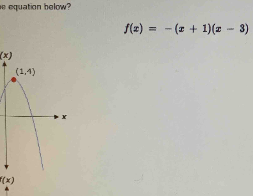 equation below?
f(x)=-(x+1)(x-3)
(x)
f(x)