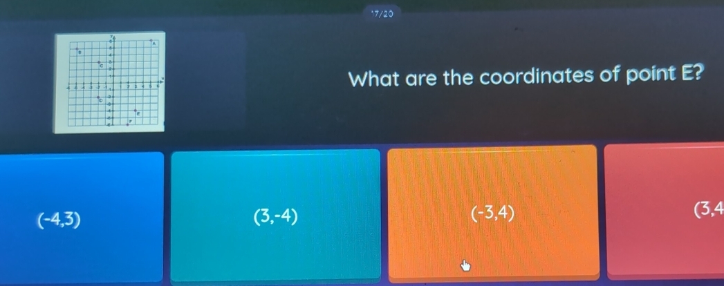 17/20
What are the coordinates of point E?
(-4,3)
(3,-4)
(-3,4) (3,4