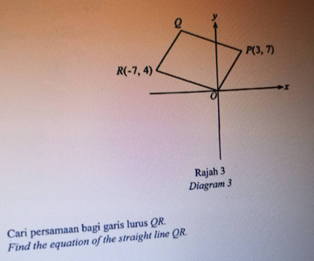 Cari persamaan bagi garis lurus QR.
Find the equation of the straight line QR.