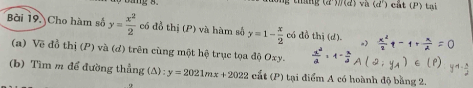 a(d') cắt (P) tại 
Bài 19. Cho hàm số y= x^2/2  có đồ thị (P) và hàm số y=1- x/2  có đồ thị (d). =) 
(a) Vẽ đồ thị (P) và (d) trên cùng một hệ trục tọa độ Oxy. 
(b) Tìm m để đường thẳng (A) : y=2021mx+2022 cắt (P) tại điểm A có hoành độ bằng 2.