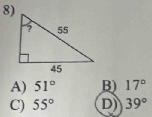 A) 51° B) 17°
C) 55° D) 39°