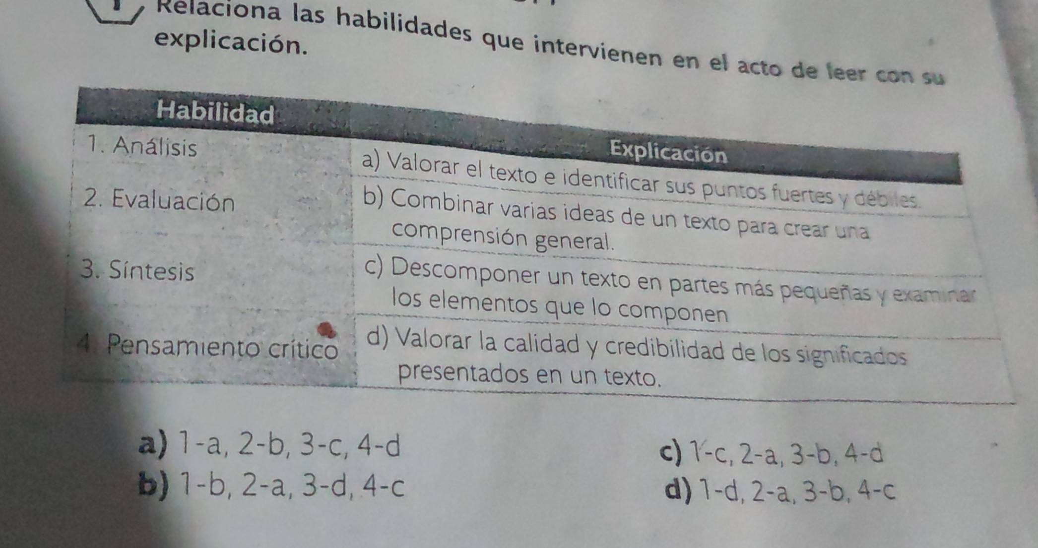 explicación.
y Relaciona las habilidades que intervienen en el acto de
a) 1-a, 2-b, 3-c, 4-d c) 1-c, 2-a, 3 -b, 4 -d
b) 1-b, 2 -a, 3 -d, 4-c d) 1-d, 2-a, 3-b, 4-c