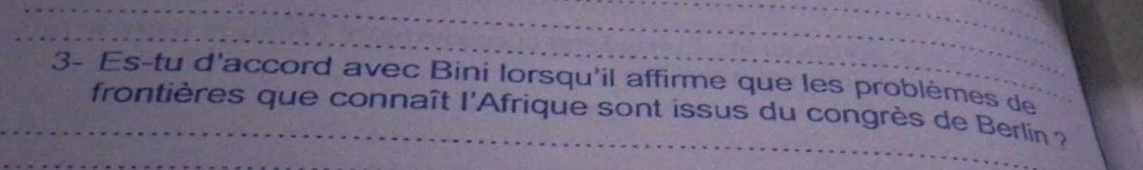 3- Es-tu d'accord avec Bini lorsqu'il affirme que les problèmes de 
frontières que connaît l'Afrique sont issus du congrès de Berlin ?