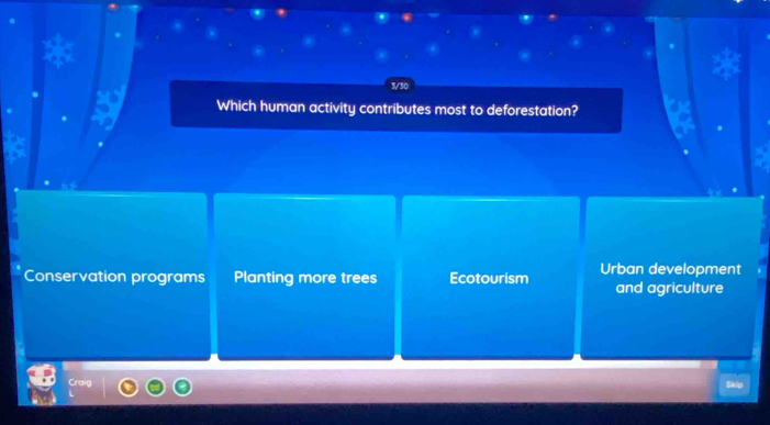 Which human activity contributes most to deforestation?
Conservation programs Planting more trees Ecotourism Urban development
and agriculture