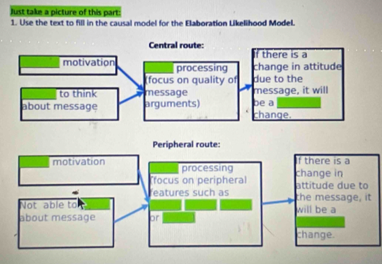 Just take a picture of this part: 
1. Use the text to fill in the causal model for the Elaboration Likelihood Model. 
Central route: 
f there is a 
motivation processing change in attitude 
(focus on quality of due to the 
to think message message, it will 
about message arguments) be a 
change. 
Peripheral route: 
f there is a 
motivation processing change in 
focus on peripheral attítude due to 
features such as the message, it 
Not able to will be a 
about message or 
change.