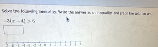 Solve the following inequality. Write the answer as an inequality, and graph the solution set.
-3(x-4)>6
5 -6 -5 - -3 -2 -1 0 1 2 3 4 5