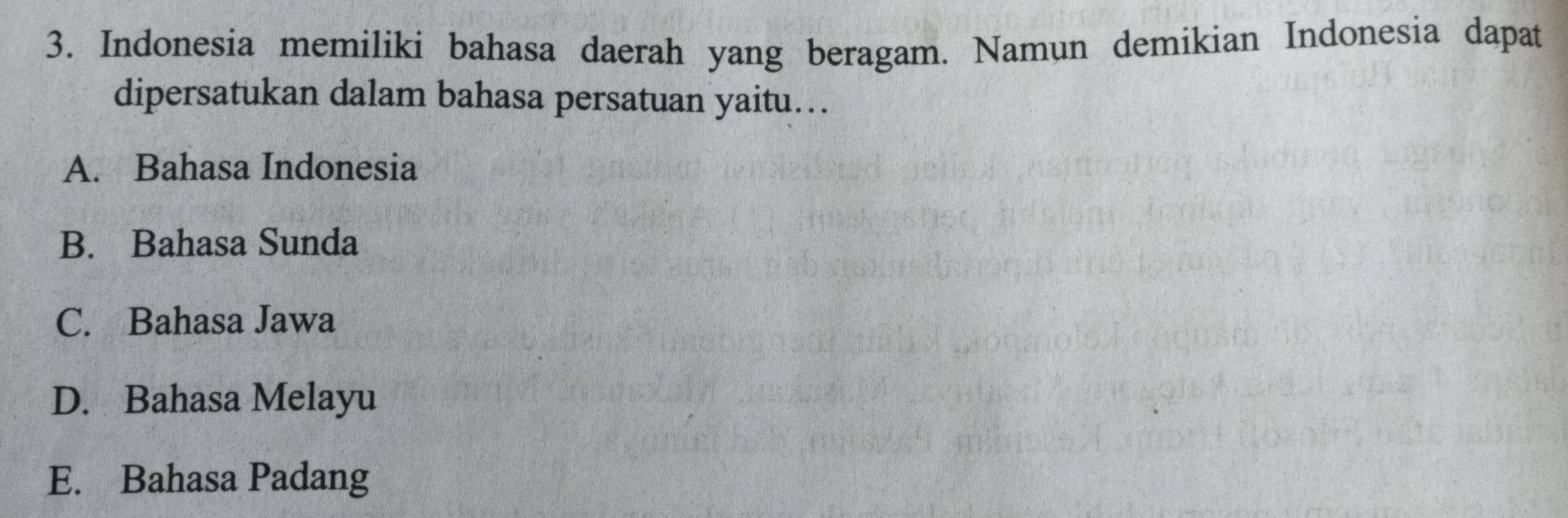 Indonesia memiliki bahasa daerah yang beragam. Namun demikian Indonesia dapat
dipersatukan dalam bahasa persatuan yaitu…
A. Bahasa Indonesia
B. Bahasa Sunda
C. Bahasa Jawa
D. Bahasa Melayu
E. Bahasa Padang