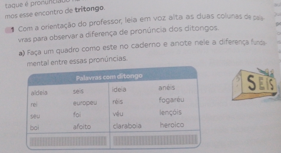 taque é pronunclauo 
mos esse encontro de tritongo. 
au 
1 Com a orientação do professor, leia em voz alta as duas colunas de pala u 
pc 
vras para observar a diferença de pronúncia dos ditongos. 
a) Faça um quadro como este no caderno e anote nele a diferença funda- 
entre essas pronúncias.