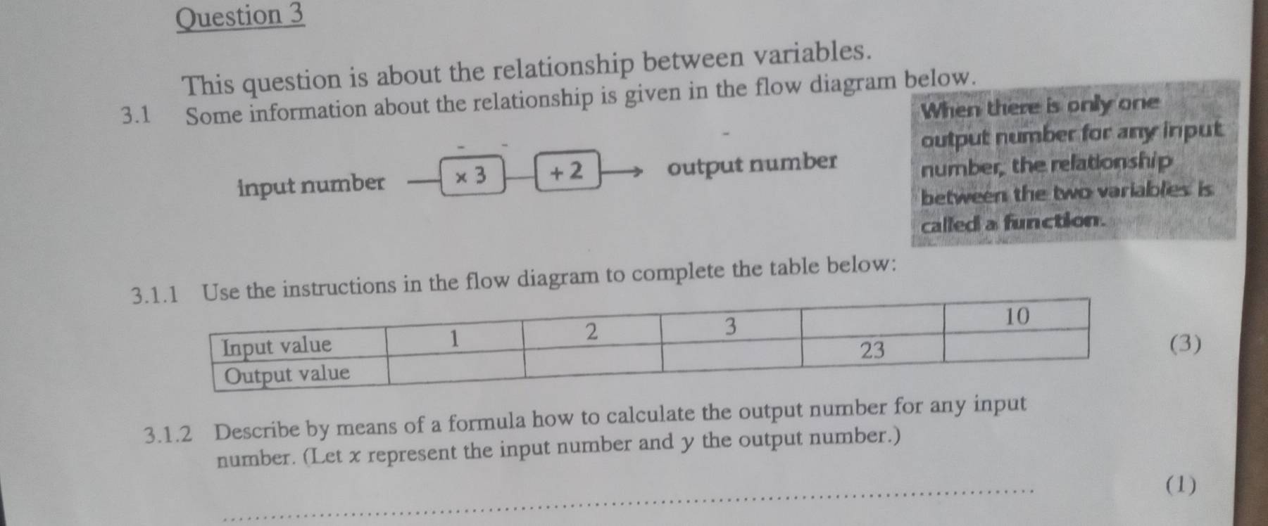 This question is about the relationship between variables. 
3.1 Some information about the relationship is given in the flow diagram below. 
When there is only one 
output number for any input 
input number * 3 +2 output number 
number, the relationship 
between the two variables is 
called a function. 
3instructions in the flow diagram to complete the table below: 
(3) 
3.1.2 Describe by means of a formula how to calculate the output number for any input 
number. (Let x represent the input number and y the output number.) 
_ 
(1)