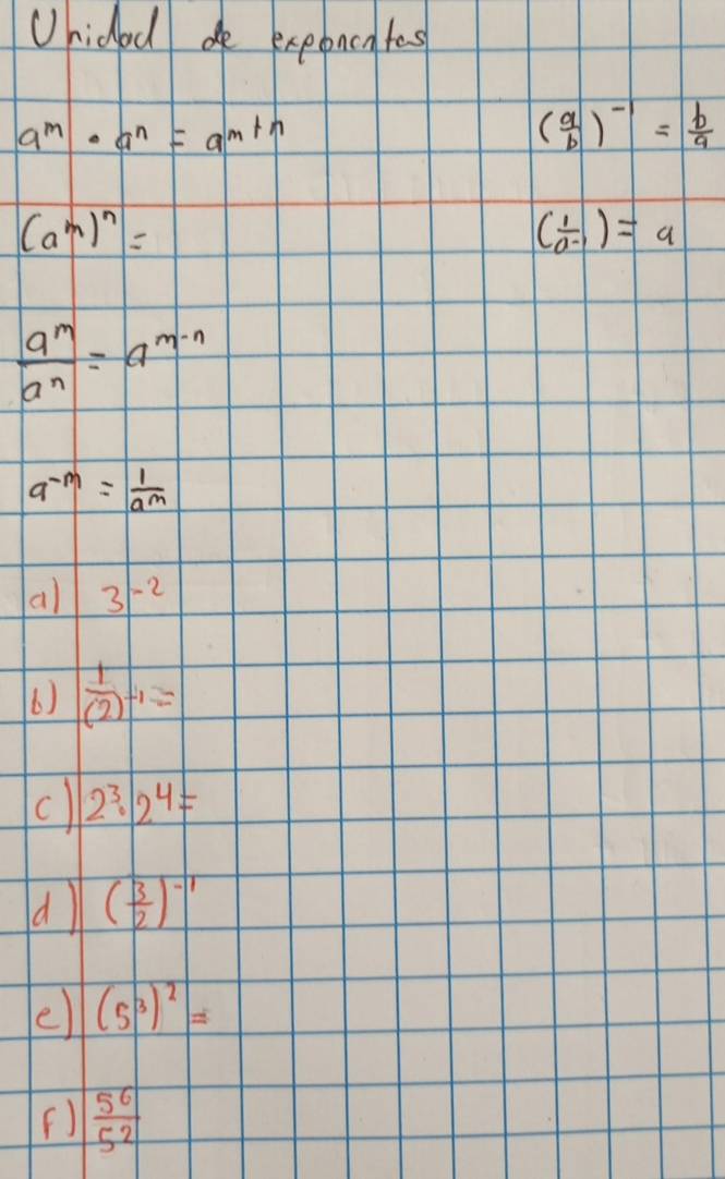 Uhiced exeoncates
a^m· a^n=a^(m+n)
( a/b )^-1= b/a 
(a^m)^n=
( 1/a-1 )=a
frac a_ma_n=a^(m-n)
a^(-m)= 1/a^m 
a) 3^(-2)
6) frac 1(2)^-1=
c) 2^3· 2^4=
d) ( 3/2 )^-1
e (5^3)^2=
 5^6/5^2 