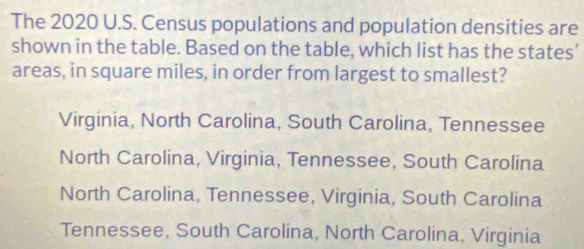 The 2020 U.S. Census populations and population densities are
shown in the table. Based on the table, which list has the states’
areas, in square miles, in order from largest to smallest?
Virginia, North Carolina, South Carolina, Tennessee
North Carolina, Virginia, Tennessee, South Carolina
North Carolina, Tennessee, Virginia, South Carolina
Tennessee, South Carolina, North Carolina, Virginia