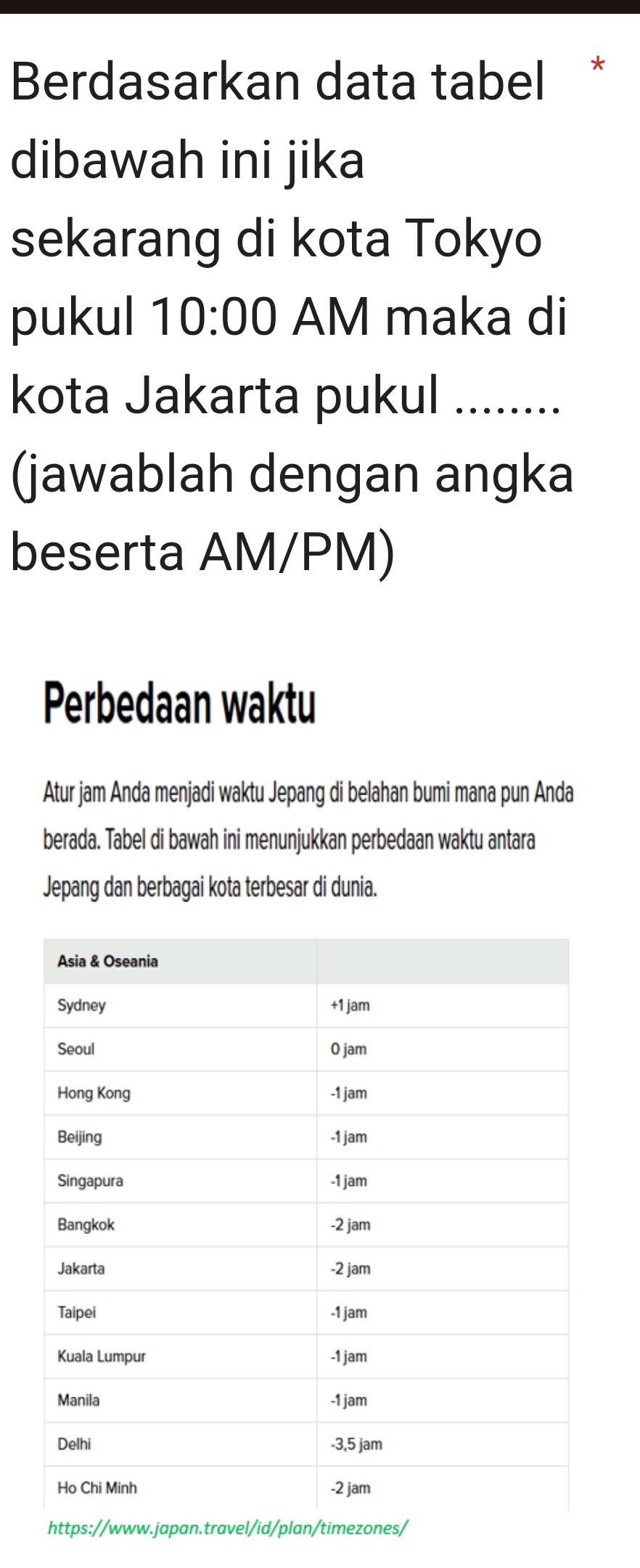 Berdasarkan data tabel * 
dibawah ini jika 
sekarang di kota Tokyo 
pukul 10:00 AM maka di 
kota Jakarta pukul ....... 
(jawablah dengan angka 
beserta AM/PM) 
Perbedaan waktu 
Atur jam Anda menjadi waktu Jepang di belahan bumi mana pun Anda 
berada. Tabel di bawah ini menunjukkan perbedaan waktu antara 
Jepang dan berbagai kota terbesar di dunia.