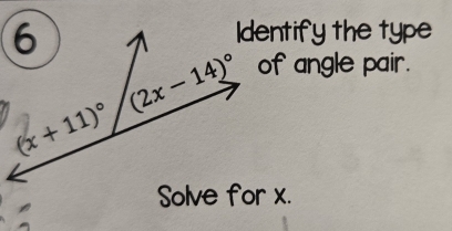 Identify the type
of angle pair.
Solve for x.