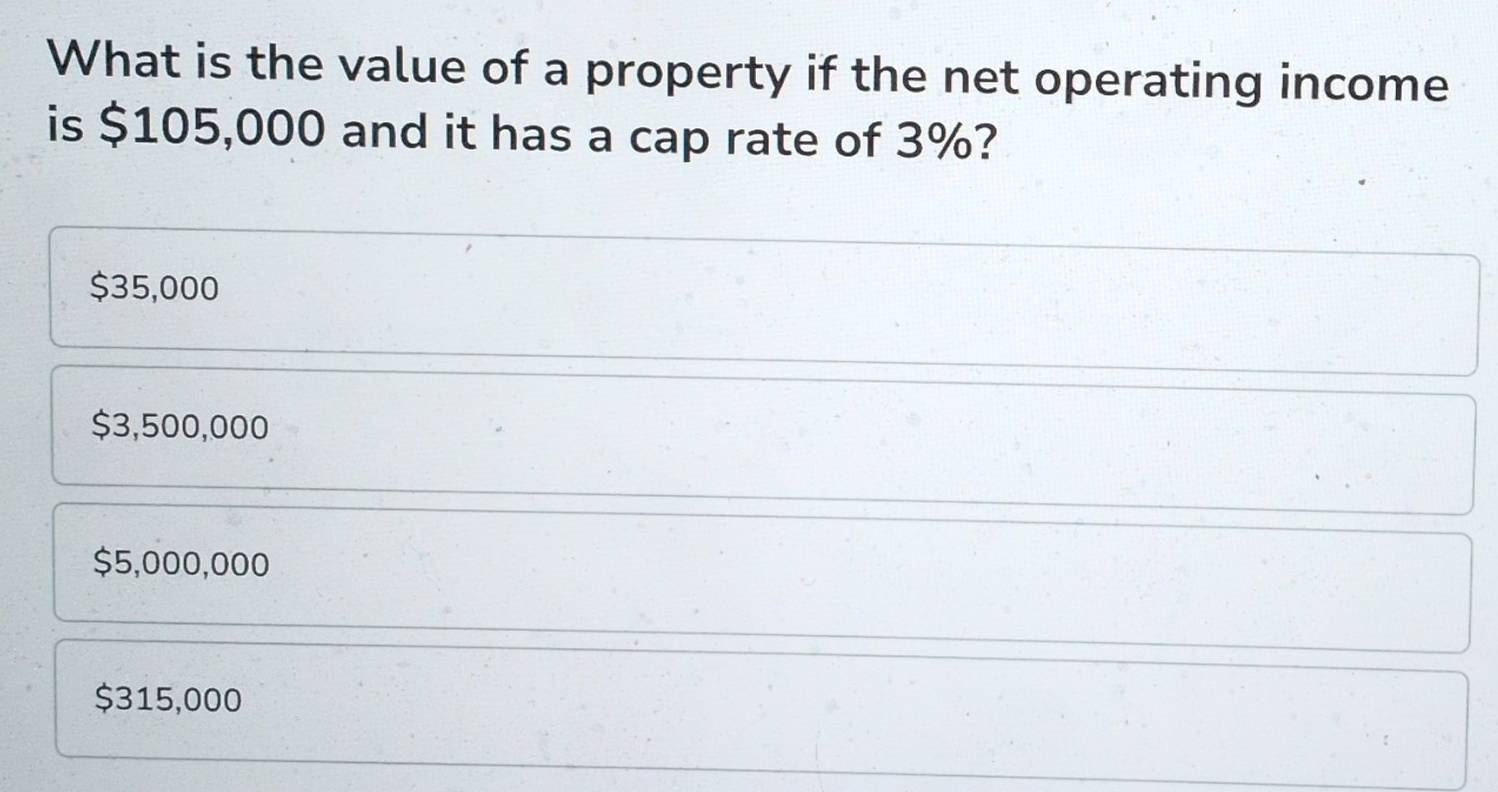 Solved: What is the value of a property if the net operating income is ...