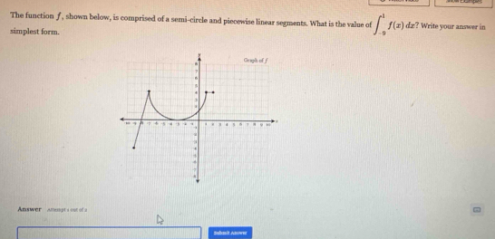 The function f, shown below, is comprised of a semi-circle and piecewise linear segments. What is the value of ∈t _(-9)^1f(x)dx ? Write your answer in 
simplest form. 
Answer Amempts out of a 
Sebait Answer