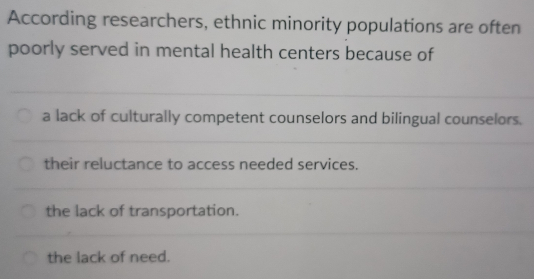 According researchers, ethnic minority populations are often
poorly served in mental health centers because of
a lack of culturally competent counselors and bilingual counselors.
their reluctance to access needed services.
the lack of transportation.
the lack of need.