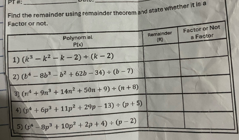 PT #:_
Find the remainder using remainder theorem and state whether it is a