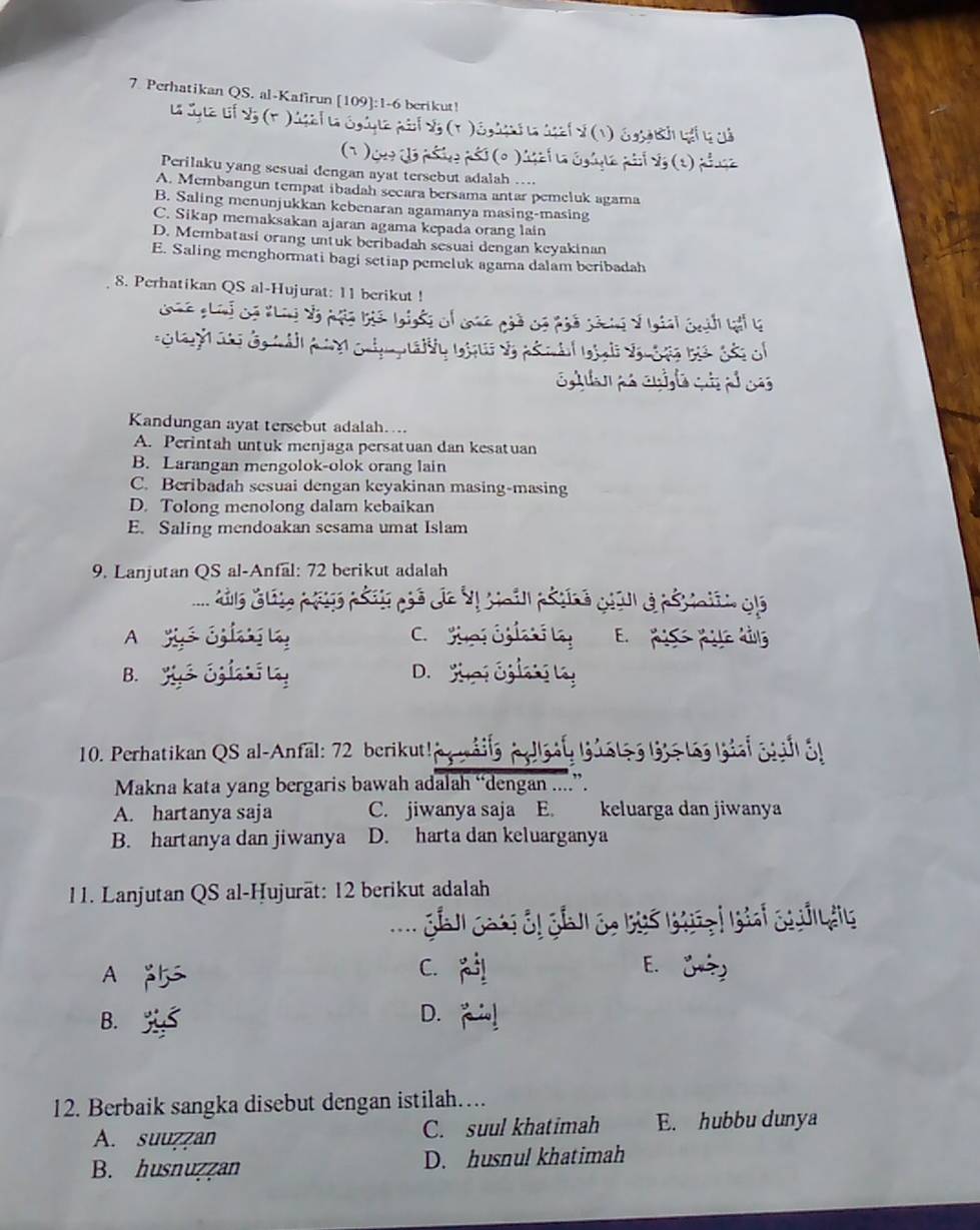 Perhatikan QS. al-Kafirun [109]:1-6 berikut!
Perilaku yang sesuai dengan ayat tersebut adalah ....
A. Membangun tempat ibadah secara bersama antar pemeluk agama
B. Saling menunjukkan kebenaran agamanya masing-masing
C. Sikap memaksakan ajaran agama kepada orang lain
D. Membatasi orang untuk beribadah sesuai dengan keyakinan
E. Saling menghormati bagi setiap pemeluk agama dalam beribadah
8. Perhatikan QS al-Hujurat: 11 berikut !
Kandungan ayat tersebut adalah....
A. Perintah untuk menjaga persatuan dan kesatuan
B. Larangan mengolok-olok orang lain
C. Beribadah sesuai dengan keyakinan masing-masing
D. Tolong menolong dalam kebaikan
E. Saling mendoakan sesama umat Islam
9. Lanjutan QS al-Anfal: 72 berikut adalah

A
E.
w
B.
D.
10. Perhatikan QS al-Anfal: 72 berikut!
Makna kata yang bergaris bawah adalah “dengan ....
A. hartanya saja C. jiwanya saja E. keluarga dan jiwanya
B. hartanya dan jiwanya D. harta dan keluarganya
11. Lanjutan QS al-Hujurät: 12 berikut adalah
A
C.
B.
D.
12. Berbaik sangka disebut dengan istilah…
A. suuzzan C. suul khatimah E. hubbu dunya
B. husnuzzan D. husnul khatimah