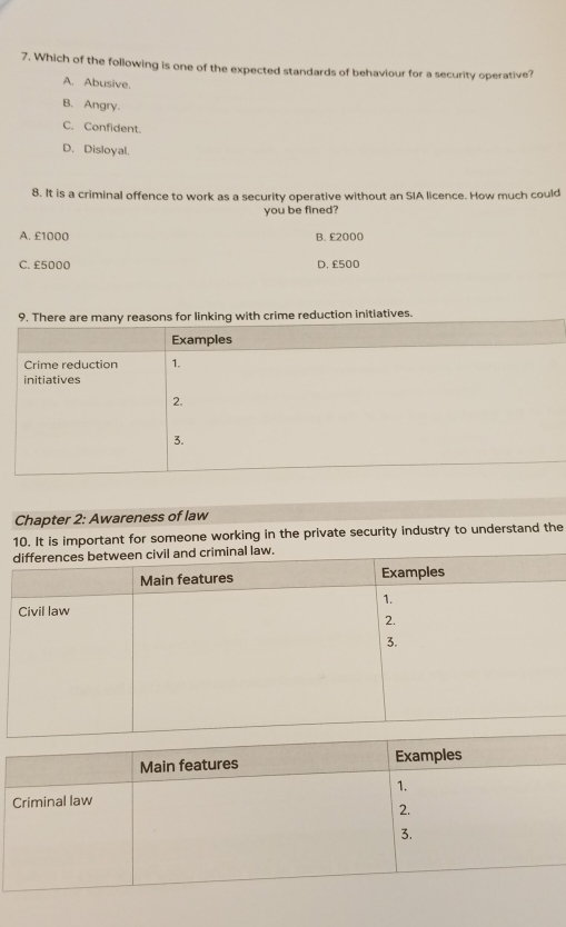 Which of the following is one of the expected standards of behaviour for a security operative?
A. Abusive.
B. Angry.
C. Confident.
D. Disloyal.
8. It is a criminal offence to work as a security operative without an SIA licence. How much could
you be fined?
A. £1000 B. £2000
C. £5000 D. £500
me reduction initiatives.
Chapter 2: Awareness of law
10. It is important for someone working in the private security industry to understand the
al law.