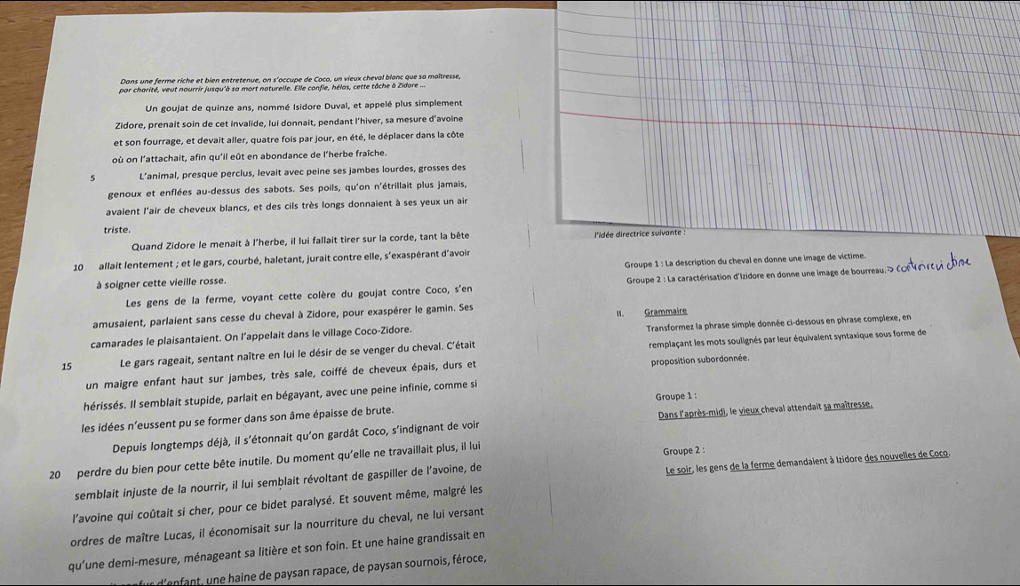 Dans une ferme riche et bien entretenue, on s'occupe de Caco, un vieux cheval blanc que sa maîtresse,
par charité, veut nourrir jusqu'à sa mort naturelle. Elle confie, hélas, cette tâche à Zidore ...
Un goujat de quinze ans, nommé Isidore Duval, et appelé plus simplement
Zidore, prenait soin de cet invalide, lui donnait, pendant l’hiver, sa mesure d’avoine
et son fourrage, et devait aller, quatre fois par jour, en été, le déplacer dans la côte
où on l’attachait, afin qu'il eût en abondance de l’herbe fraîche.
5 L’animal, presque perclus, levait avec peine ses jambes lourdes, grosses des
genoux et enflées au-dessus des sabots. Ses poils, qu'on n'étrillait plus jamais,
avaient l'air de cheveux blancs, et des cils très longs donnaient à ses yeux un air
triste.
Quand Zidore le menait à l'herbe, il lui fallait tirer sur la corde, tant la bête  l'idée directrice suivante :
10 allait lentement ; et le gars, courbé, haletant, jurait contre elle, s'exaspérant d'avoin
à soigner cette vieille rosse. Groupe 1 : La description du cheval en donne une image de víctime.
Les gens de la ferme, voyant cette colère du goujat contre Coco, s'en  Groupe 2 : La caractérisation d'Izidore en donne une image de bourreau. > é
amusaient, parlaient sans cesse du cheval à Zidore, pour exaspérer le gamin. Ses II. Grammaire
Transformez la phrase simple donnée ci-dessous en phrase complexe, en
camarades le plaisantaient. On l’appelait dans le village Coco-Zidore.
15 Le gars rageait, sentant naître en lui le désir de se venger du cheval. C'était remplaçant les mots soulignés par leur équivalent syntaxique sous forme de
un maigre enfant haut sur jambes, très sale, coiffé de cheveux épais, durs et proposition subordonnée.
hérissés. Il semblait stupide, parlait en bégayant, avec une peine infinie, comme si
les idées n’eussent pu se former dans son âme épaisse de brute. Groupe 1 :
Depuis longtemps déjà, il s'étonnait qu'on gardât Coco, s'indignant de voir Dans l'après-midi, le vieux cheval attendait sa maîtresse.
20 perdre du bien pour cette bête inutile. Du moment qu'elle ne travaillait plus, il lui
Groupe 2 :
semblait injuste de la nourrir, il lui semblait révoltant de gaspiller de l’avoine, de
l'avoine qui coûtait si cher, pour ce bidet paralysé. Et souvent même, malgré les Le soir, les gens de la ferme demandaient à Izidore des nouvelles de Coco.
ordres de maître Lucas, il économisait sur la nourriture du cheval, ne lui versant
qu'une demi-mesure, ménageant sa litière et son foin. Et une haine grandissait en
d'enfant, une haine de paysan rapace, de paysan sournois, féroce,