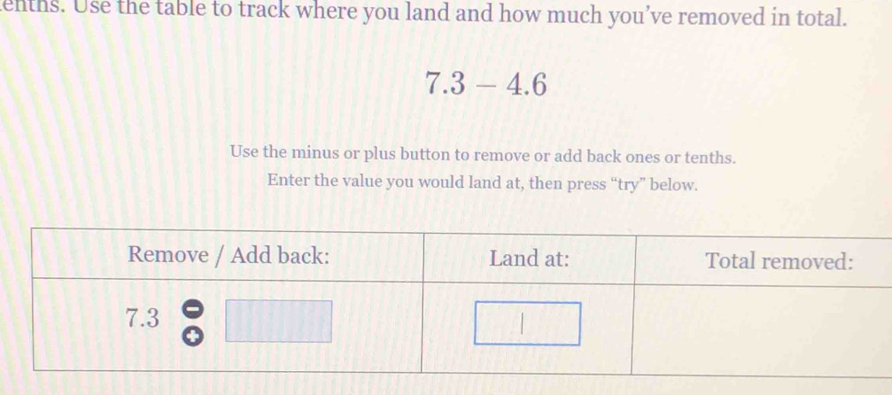 enths. Use the table to track where you land and how much you’ve removed in total.
7.3-4.6
Use the minus or plus button to remove or add back ones or tenths. 
Enter the value you would land at, then press “try” below.