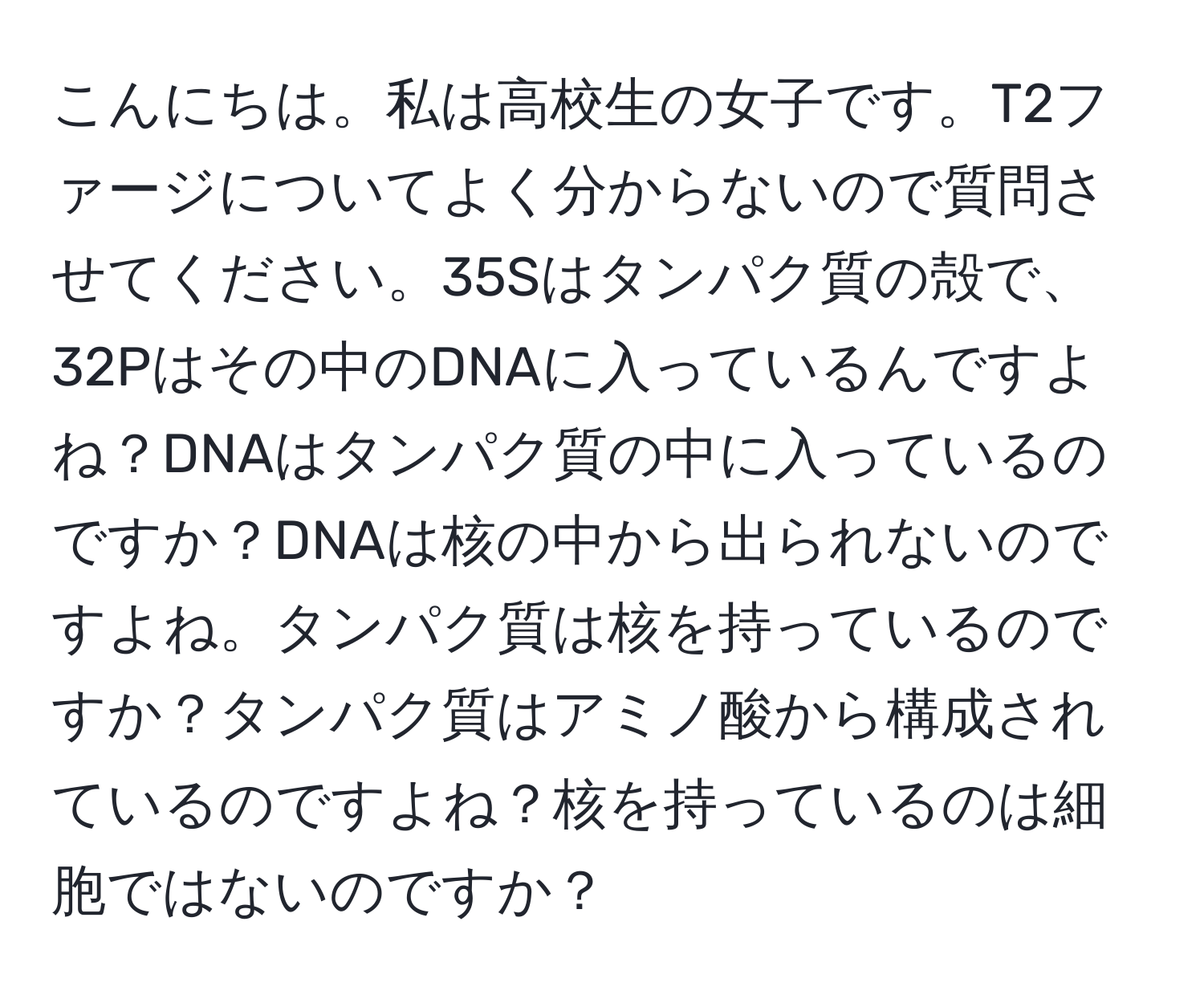 こんにちは。私は高校生の女子です。T2ファージについてよく分からないので質問させてください。35Sはタンパク質の殻で、32Pはその中のDNAに入っているんですよね？DNAはタンパク質の中に入っているのですか？DNAは核の中から出られないのですよね。タンパク質は核を持っているのですか？タンパク質はアミノ酸から構成されているのですよね？核を持っているのは細胞ではないのですか？