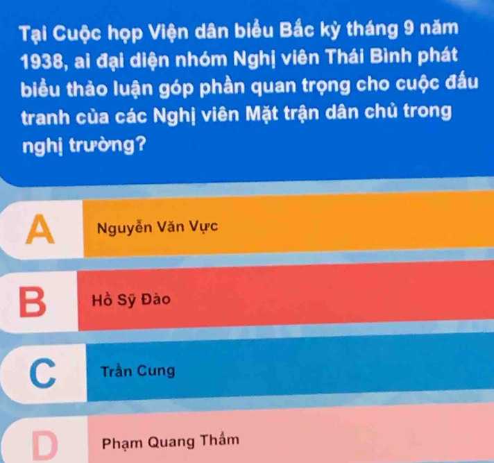 Tại Cuộc họp Viện dân biểu Bắc kỳ tháng 9 năm
1938, ai đại diện nhóm Nghị viên Thái Bình phát
biểu thảo luận góp phần quan trọng cho cuộc đấu
tranh của các Nghị viên Mặt trận dân chủ trong
nghị trường?
A Nguyễn Văn Vực
B Hồ Sỹ Đào
C Trần Cung
D Phạm Quang Thẩm