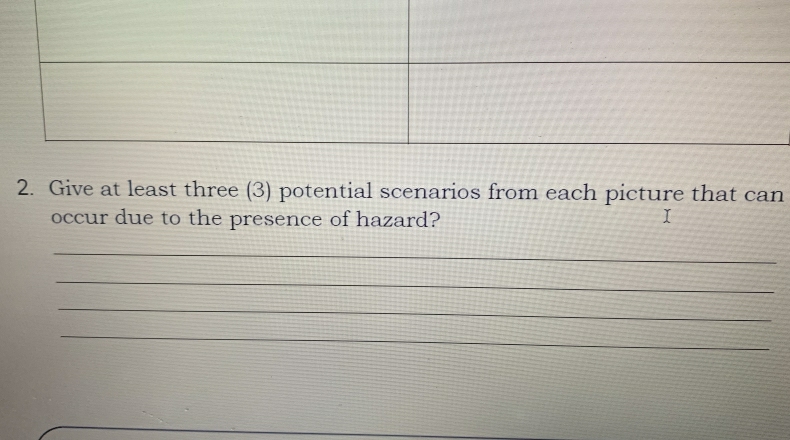 Give at least three (3) potential scenarios from each picture that can 
occur due to the presence of hazard? 
_ 
_ 
_ 
_