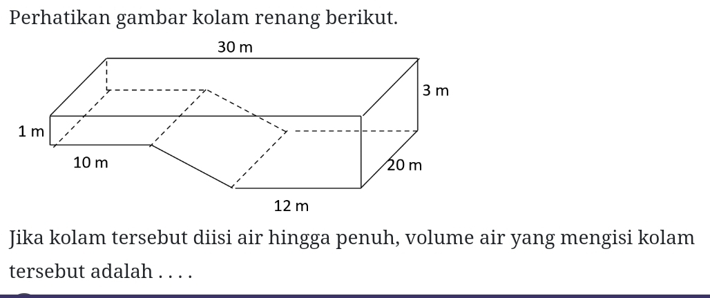 Perhatikan gambar kolam renang berikut. 
Jika kolam tersebut diisi air hingga penuh, volume air yang mengisi kolam 
tersebut adalah . . . .