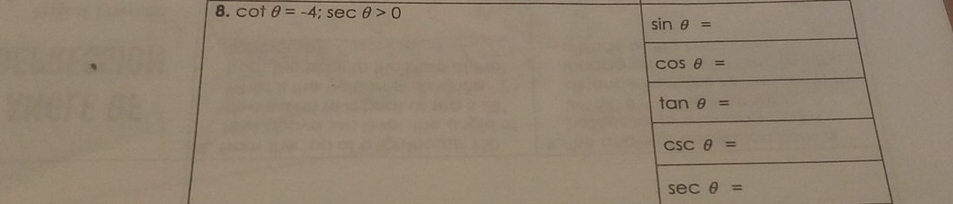 cot θ =-4;sec θ >0