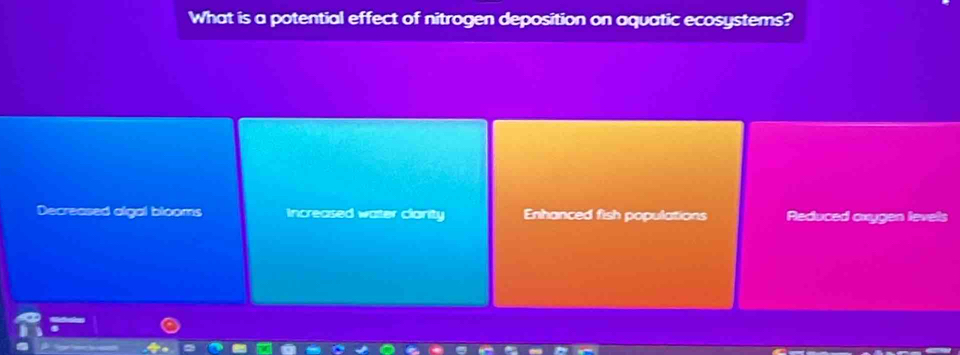 What is a potential effect of nitrogen deposition on aquatic ecosystems?
Decreased algal blooms Increased water clarity Enhanced fish populations Reduced oxygen levels