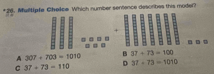 Which number sentence describes this model?

+
A 307+703=1010
B 37+73=100
D 37+73=1010
C 37+73=110