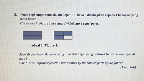 Petak segi empat sama dalam Rajah 1 di bawah dibahagikan kepada 4 bahagian yang 
sama besar. 
The square in Figure 1 are each divided into 4 equal parts. 
Jadual 1 (Figure 1) 
Apakah pecahan tak wajar yang mewakili rajah yang berlorek berdasarkan rajah di 
atas ? 
What is the improper fraction represented by the shaded parts of the figure? 
(1 markah)