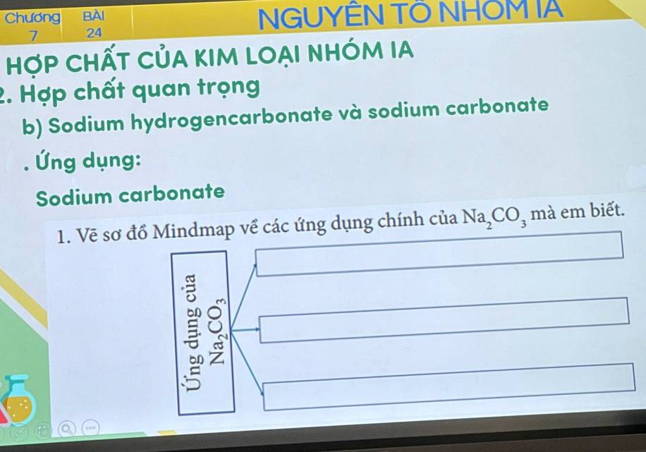 Chương BÀI NGUYÊN TÔ NHOM IA
7 24
Hợp Chất của kim loại nhóm ia 
2. Hợp chất quan trọng 
b) Sodium hydrogencarbonate và sodium carbonate 
. Ứng dụng: 
Sodium carbonate 
1. Vẽ sơ đồ Mindmap về các ứng dụng chính của Na_2CO_3 mà em biết.